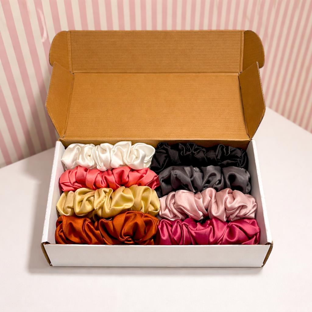 Handmade Silk Skinny and Fluffy Scrunchies Box ( 8 and 16 pieces )