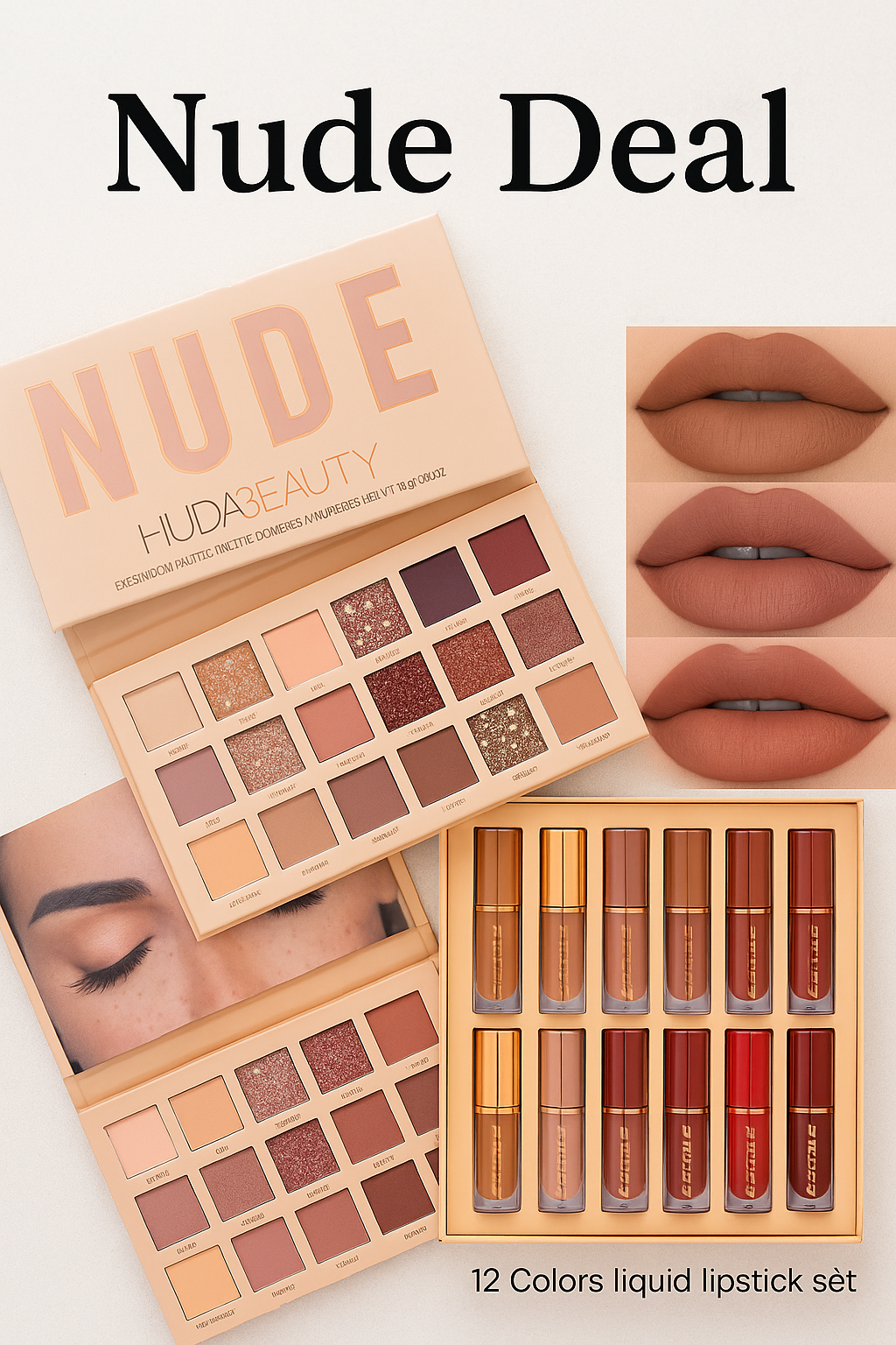 2-in-1 Nude Deal | 12 Pcs Matte Lipgloss Set + 18-Color Nude Palette
